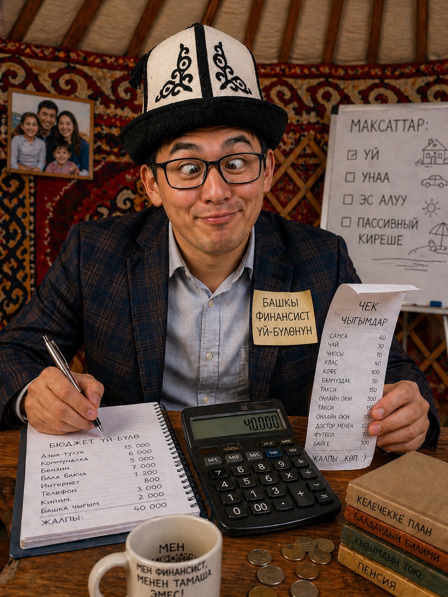 Our family-finance bot, in mascot form: Kyrgyz man in a kalpak holding a budget notebook and a personal-spending receipt — the gap between those two pieces of paper is the entire reason this thing exists.